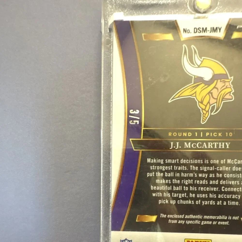 Panini 2024 Select J.J. McCarthy Draft Selections MEM RC Green Prizm /5